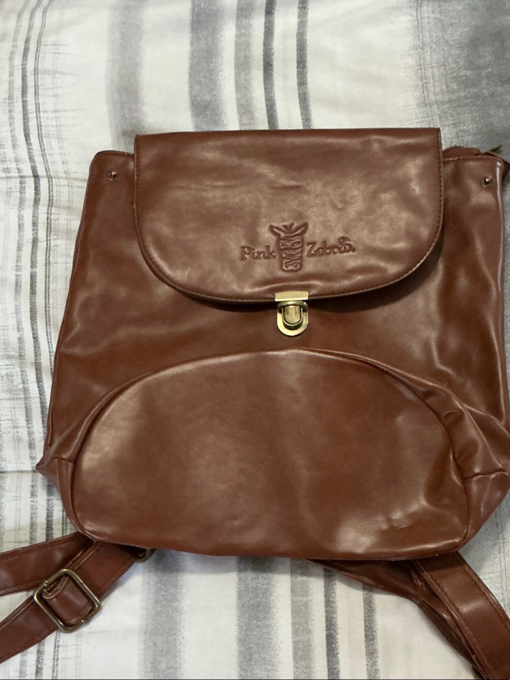 Pink Zebra Brown Leather Backpack/Purse